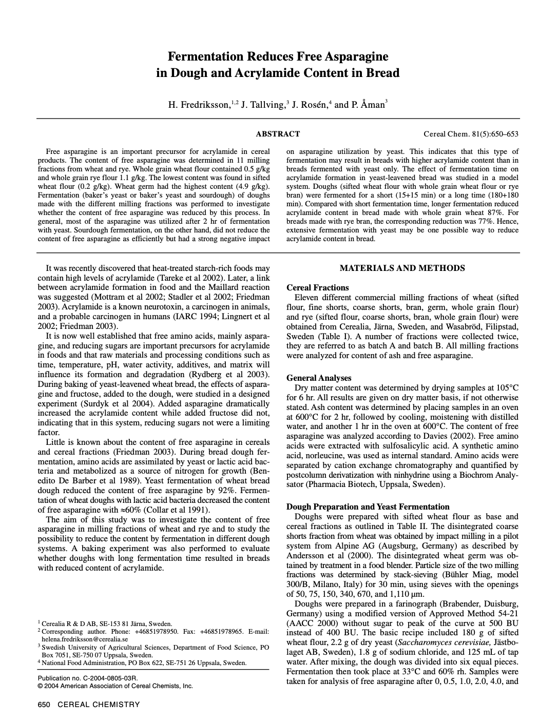 Long fermentation reduces acrylamide content in wheat bread - The ...