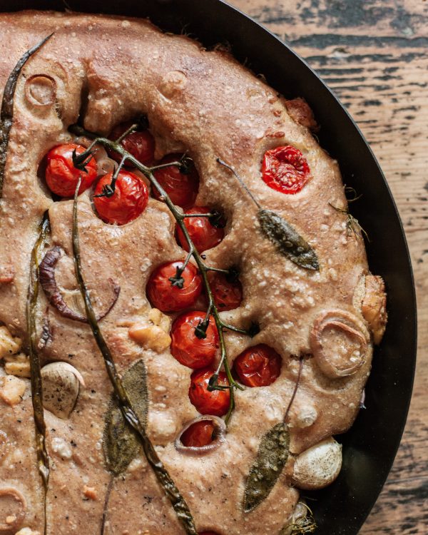 Sourdough Focaccia with tomatoes and garlic.