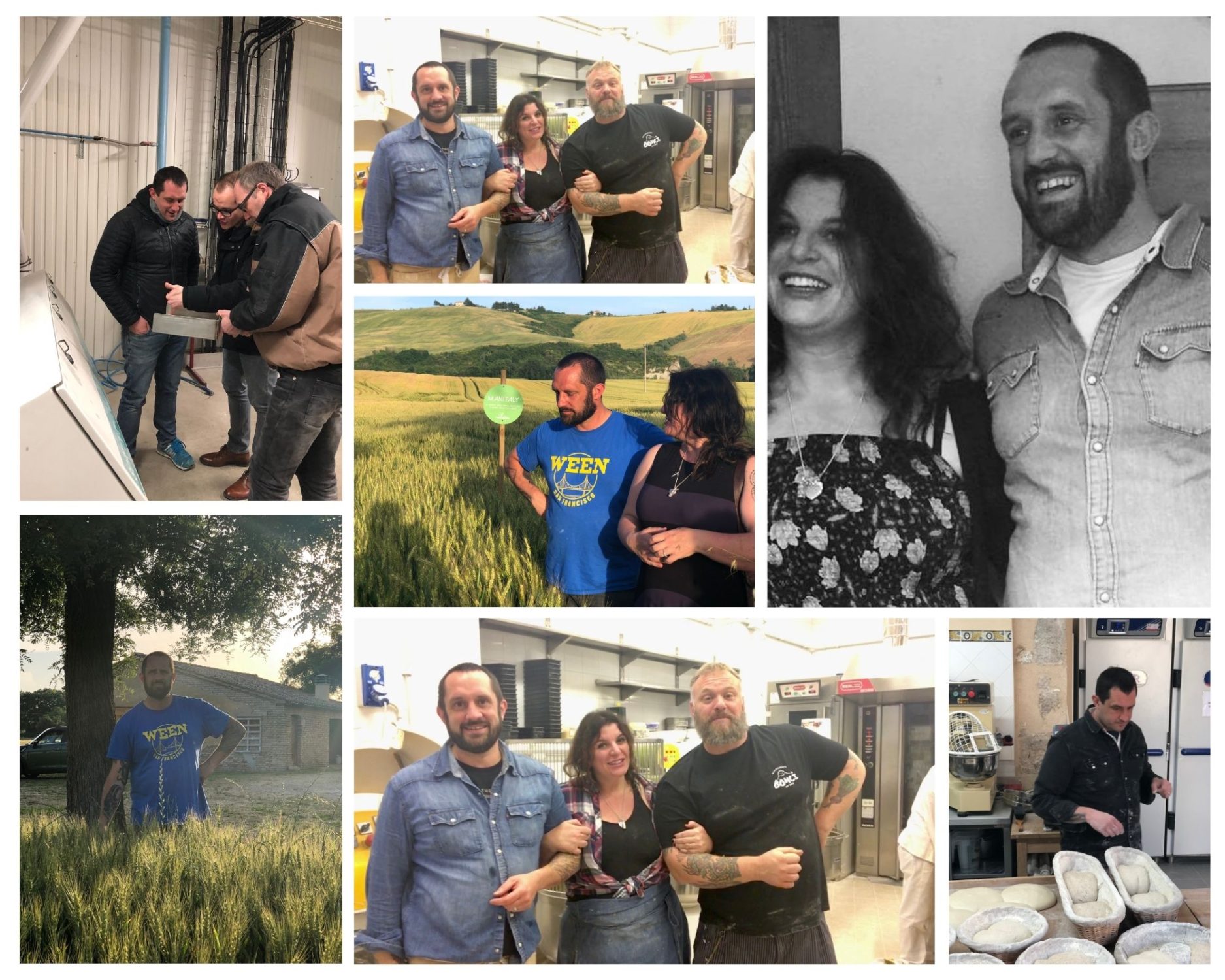 A collage of photos of the two of the worlds best bakers Dr Vanessa Kimbell & Baker Richard Hart baking Sourdough Together, in France, Italy, The USA and Denmark